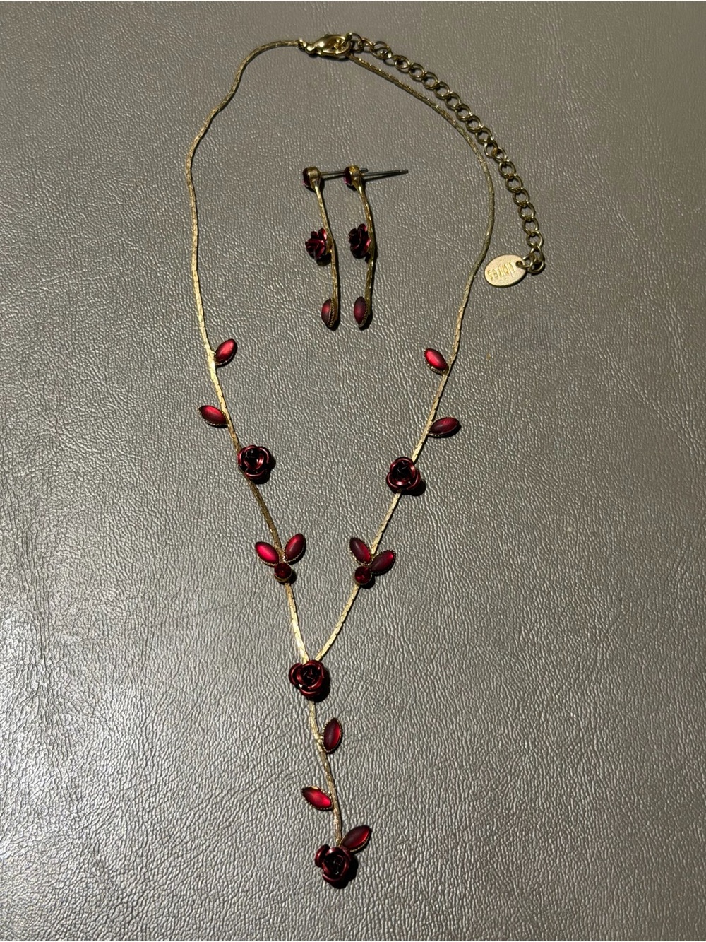 Gold-Tone Red Rose Drop Necklace and Earrings Set